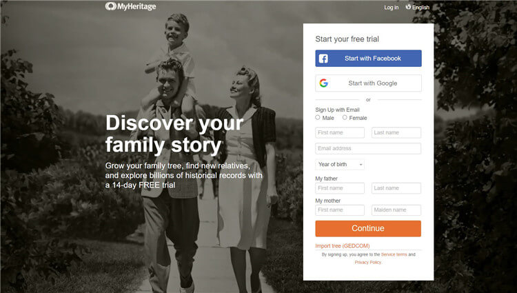 login page of myheritage