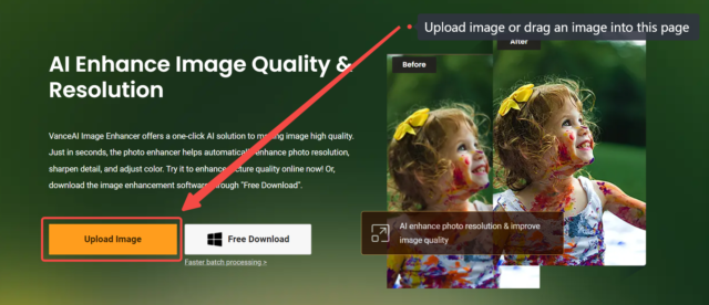Vance AI image enhancer step 1 Upload image or drag an image into this page