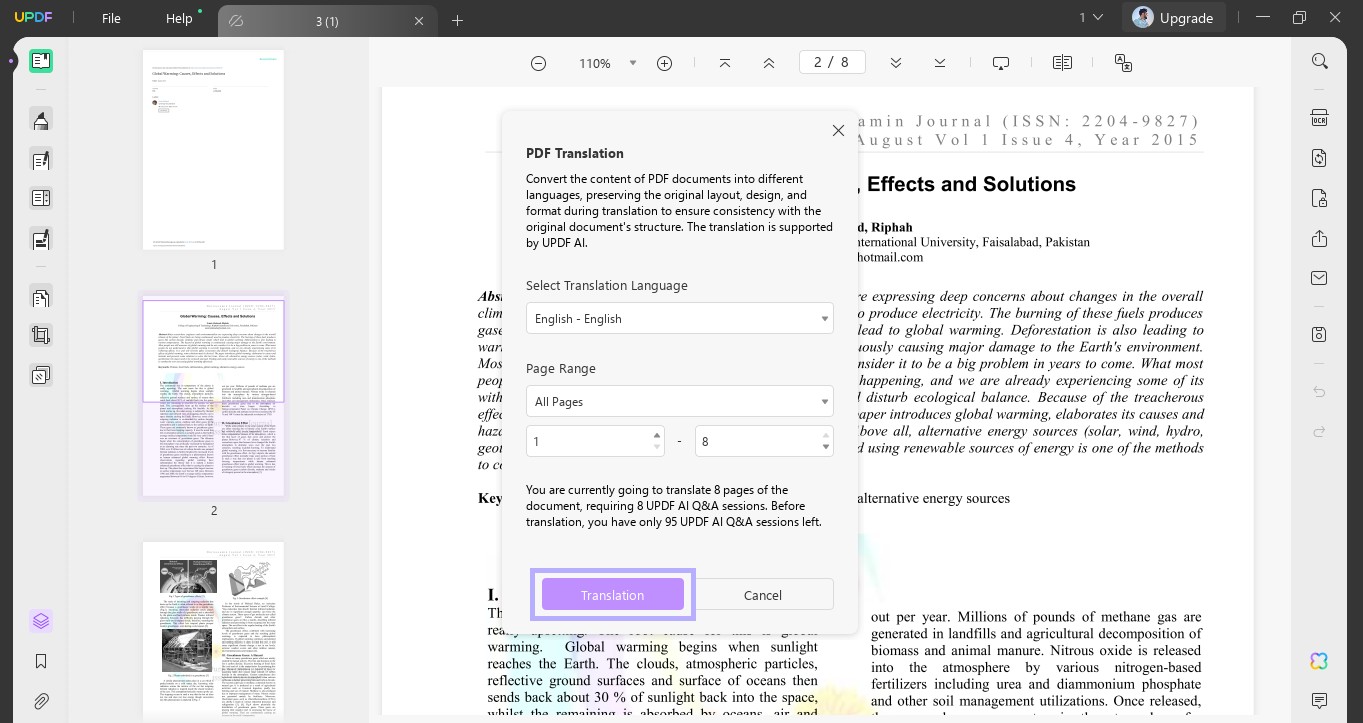 select the language and click translation in updf windows